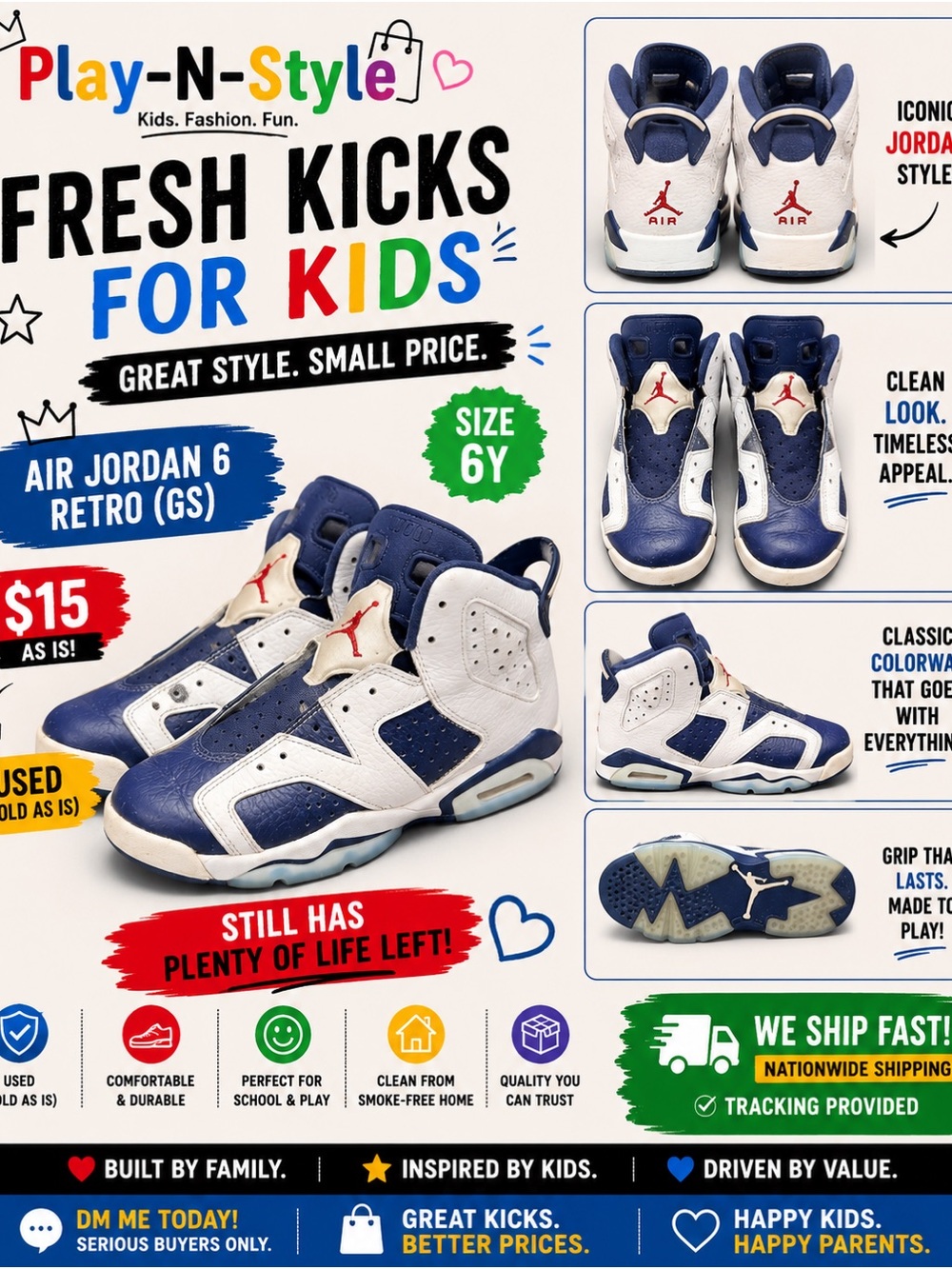 Air Jordan 6 Retro (GS) White & Navy Kids Sneakers